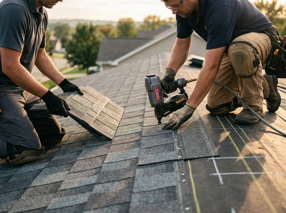 Professional roofer working on a residential roof in Old Westbury